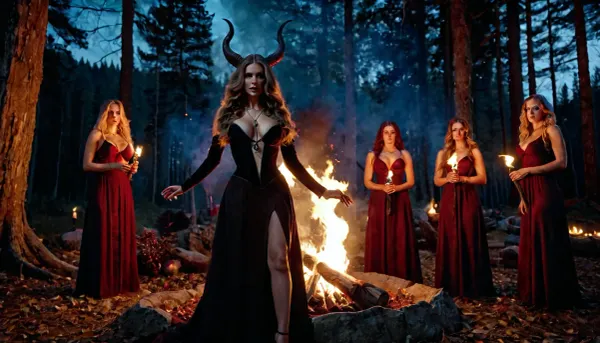 uber realistic image, fullcolor image, full body view, 8K quality, ultra detailed, masterpiece, coven, Beautiful queen witch have sex vith huge devil, in a luxory slutty black dress, with a low neckline, anorexic skinny, huge heavy very saggy breasts, very long wavy hair, lies on a stone altar in a satanic temple, a huge red skinned horner devil fucked a witch, the rest of the witches stand around with torches in their hands, night, bloody full moon, forest clearing, a fire burning in the background, sex, sex with devil, public sex, dark ritual, full body vision