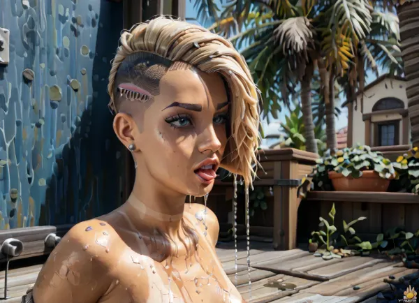 18 year old light skinned blonde, naked, small size tits, solo, sex slave, kneeling, begging, mouth open tongue out, bound, prisoner, exhausted, used and abused, gag in mouth, awaiting bukkake, hog tied, bondage hogtied, lying on floor hands and legs tied behind back, hog-tied, hands behind her back, arms behind her back, front view, arched lips painted red, lush body, pronounced curves, bulging blue eyes, heavenly nose, tan skin tone, tan lines, (She has medium undercut, one side shaved hairstyle blonde:1.5), athletic body, tight mouth, wet body, wet hair, perfect fingers and hands, outdoors in the courtyard of a 12th century Arab palace, <lora:580159_training_data:1>