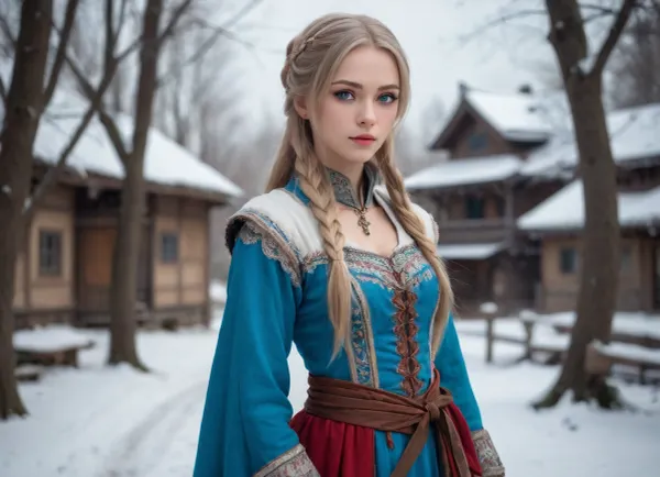 young slavic beauty, bright blue eyes, ash-coloured hair, gorgeous figure, 16th century Russian dress, (full-length picture:1.2), (fantasy art, artwork:1.5), in winter, medieval russian village, (anime drawing:1.6), (sharp lines, flat colors:1.6)