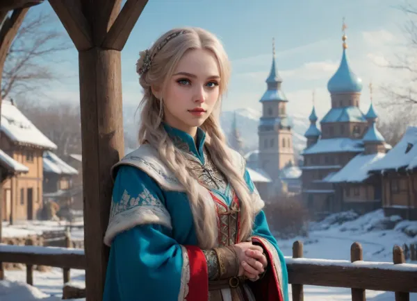 young slavic beauty, bright blue eyes, ash-coloured hair, gorgeous figure, 16th century Russian dress, (full-length picture:1.2), (fantasy art, artwork:1.5), in winter, medieval russian village, (anime drawing:1.6), (sharp lines, flat colors:1.6), white kremlin in background