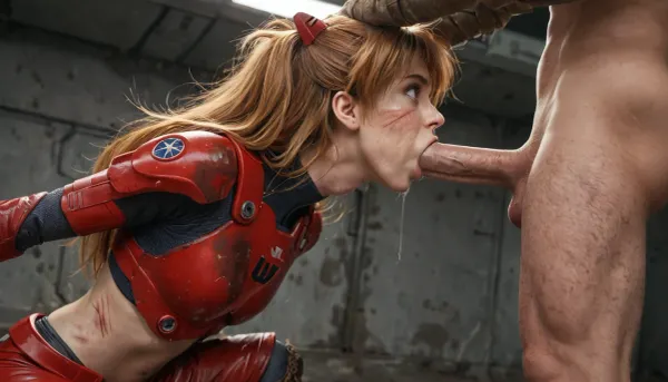 asuka, langley, long red flying hair, Star Trek uniform, futuristic armor plates, (breastplates:1.2), (sexy midriff:1.2), (heavy boots:1.3), dirty face, muddy face, muddy arms and legs, (scratches on face:1.2), surprised expression, highly detailed eyes, blowjob, (cumdrip:1.2), (deepthroat:1.2), (struggling:1.3), thrashing legs, background is industrial ruin of futuristic city, sideview, view from below, (focus on ass:1.2), (focus on face:1.3), crepuscular rays, ambient lighting, volumetric lighting, god rays