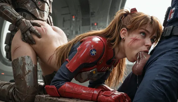 asuka, langley, long red flying hair, Star Trek uniform, futuristic armor plates, (breastplates:1.2), (sexy midriff:1.2), (heavy boots:1.3), dirty face, muddy face, muddy arms and legs, (scratches on face:1.2), surprised expression, highly detailed eyes, blowjob, (cumdrip:1.2), (deepthroat:1.2), (struggling:1.3), thrashing legs, background is industrial ruin of futuristic city, sideview, view from below, (focus on ass:1.2), (focus on face:1.3), crepuscular rays, ambient lighting, volumetric lighting, god rays