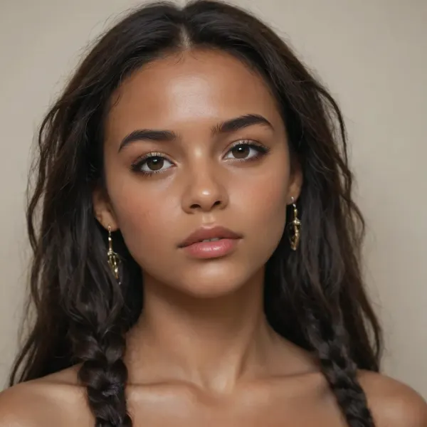 The girl is young, semi-long hair, dark hair, long African pigtails, graceful facial features, pronounced cheekbones, large brown eyes, smooth nose, beautiful lips, Bulgarian nationality, thin eyebrows, slightly dark skin, wide cheekbones