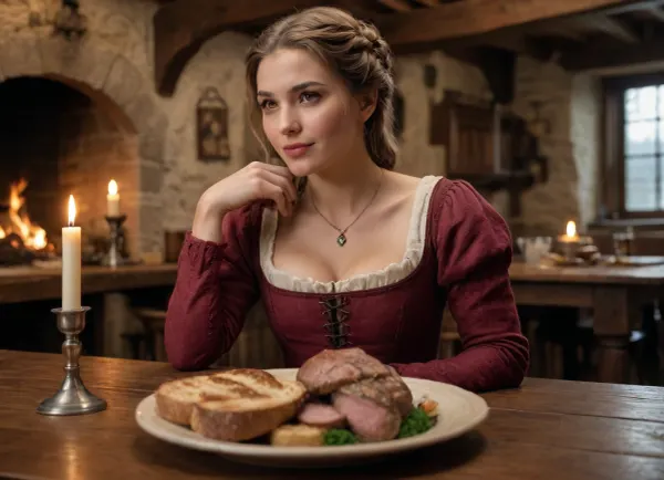 (8k uhd, dslr, highest quality, masterpiece, detailed skin texture, (highly detailed hair), (highly detailed face), extremely detailed), Medieval woman eating at a wooden table in a cozy, dimly lit tavern. She has a a huge large bust, is short and a bit plump, dressed in an elegant medieval gown. The woman wears intricate jewelry, and her hair is styled in a beautiful, traditional medieval updo. The tavern is rustic with stone walls, wooden beams on the ceiling, and warm, flickering candlelight casting soft shadows on the room. The table is covered with various medieval dishes, including bread, roasted meat, and mugs of ale. The atmosphere is intimate and inviting, with a fire crackling in the hearth, adding a warm glow to the room.