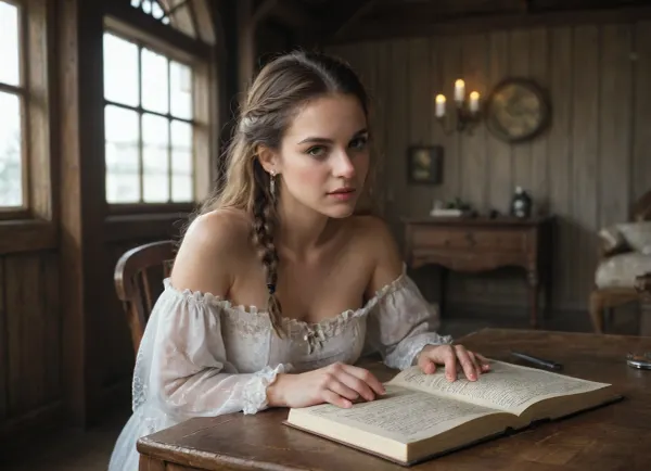 (8k uhd, dslr, highest quality, masterpiece, detailed skin texture, (highly detailed hair), (highly detailed face), extremely detailed, soft focus, ultra-detailed, ultra realistic face, ultra-realistic, realistic anatomy, photorealistic), A short and voluptuous medieval noblewoman sits at the edge of her wooden canopy bed, her hands resting gently on her lap. She wears a deep-blue velvet gown with intricate gold embroidery along the sleeves and neckline, the rich fabric draping over her full figure. A delicate lace chemise peeks from beneath the bodice, and her wavy chestnut hair, partially braided with small silver rings, cascades over her shoulders. Her round cheeks glow softly in the candlelight, and her expression is one of quiet contemplation. She has a very big natural breast and show a decoltè. She's short, not thin but a little bit chubby and has huge tits.

The bedroom is warm and richly decorated, with heavy embroidered tapestries depicting mythical creatures and courtly scenes adorning the stone walls. A large wooden chest with iron reinforcements sits at the foot of the bed. A rustic wooden table holds a brass candlestick, an open book with aged pages, and a silver goblet half-filled with deep red wine. The floor is covered with a thick, woven rug in rich burgundy and gold tones. A small arched window allows faint moonlight to filter in, casting a cool contrast to the golden glow of the flickering candles. The air is filled with the soft scent of beeswax, aged wood, and dried lavender.

Cinematic lighting, realistic textures, ultra-HD, soft warm shadows, inspired by Renaissance portraiture, detailed fabric rendering, dramatic contrast.