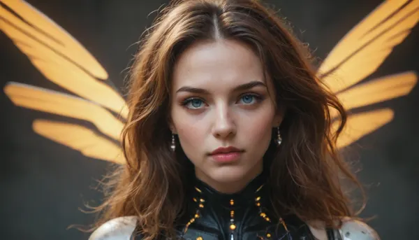 Ultra-realistic half-body shot for a Melodic Techno event featuring a female robotic angel with glowing blue eyes, energy wings, and long, flowing hair made entirely of intertwined electric cables. The robot should be facing directly towards the camera, creating an intense, epic, and futuristic vibe. Include orange reflections in the atmosphere and on the robot to enhance the visual depth and energy.