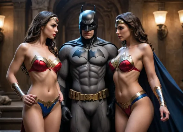BATMAN and Wonder Woman, sex, microbikini, <lora:microbikini_sdxl_1:.5>