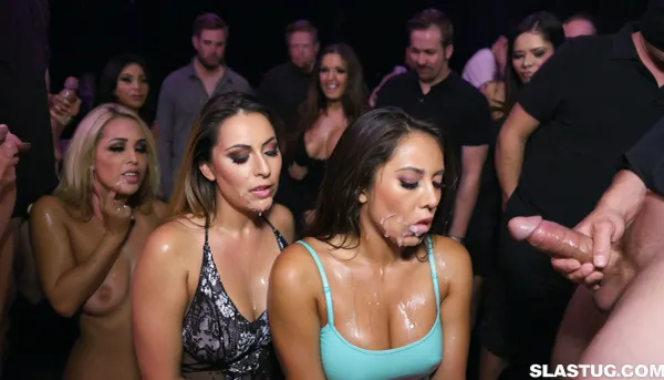 Night party, very beautiful classy woman, face covered in semen and cum, waiting queue