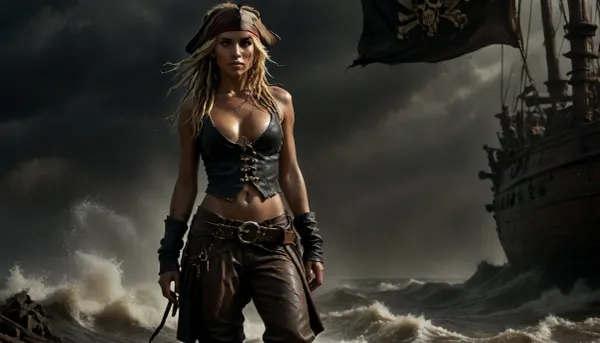 14 century, full body view of a solo beautiful 19 years old flat-chested slender female pirate working on pirate sailing ship, wears highly detailed typical pirate clothing from the 14th century, a headscarf under the pirate hat, open dirty cotton shirt, red vest with embroidery, while also showing her exciting small breasts, (detailed hard nipples:1.3), brown leather belt with a large buckle, knife in the belt, coarse brown rolled-up trousers, bare midriff, brown leather boots, large earrings, full-body tattoos, rough seas with hurricane-force winds, (soaking wet clothes:1.8), (wet skin:1.5), spray from the rough sea hits the side of the ship, pirate sailing ship sails in a storm, black storm clouds, perfect hands, perfect face, perfect teeth, perfect eyes, (blonde dreadlocks in backlight:1.2), smiling with perfect white teeth, ultra realistic skin, masterpiece, best quality, full body view, details, high quality, ((pirate flag:1.4)), (intensively tanned:1.4), thigh gap, small breasts, eyes, perfect, skin, texture, (sinking sailing ship in blurred background:1), photorealistic, novuschroma38, style, <lora:Super_Eye_Detailer_By_Stable_Yogi_SDPD0:.3>, <lora:BUT_SDXL_SHS:.3>, <lora:888698_training_data:1.2>, <lora:CBS_novuschroma38 style:.8>, <lora:dark:.1>