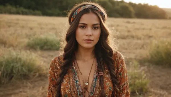 A beautiful woman, 25 years old with medium dark skin and dark wavy hair styled in two loose braids. She wears a bohemian floral-patterned dress with a deep neckline, exuding a vintage 1970s hippie style. A colorful headscarf is tied around her forehead, framing her expressive brown eyes and glossy lips. Her look is warm and natural, lit by soft golden-hour lighting in a rustic, weathered setting. The vibe is dreamy, free-spirited, and effortlessly confident, captured in a cinematic portrait style, depth of field, soft shadows, rich earthy colors, 35mm film look.