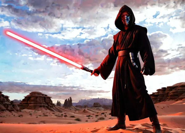 The image is a digital illustration of the character Obi-Wan Kenobi from the Star Wars franchise. He is standing in a desert-like environment with a cloudy sky in the background. Kenobi is wearing a black robe with a hood and a mask covering his face. He has a red lightsaber in his right hand and is holding a red light saber in his left hand. His left hand is resting on his hip and he is wearing black gloves and boots. He appears to be ready for battle. The overall mood of the image is intense and dramatic.