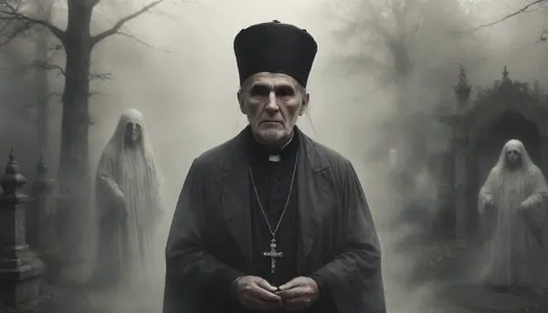 18th century, monochrome, portrait of an Russian priest sitting in a cemetery at the age of 80, very old, wrinkled face, friendly, realistic skin, aged face, detailed old, perfect fingers, perfect hands, (prays:1.5), (perfect version of an Russian Orthodox priest:1.4), typical clothing, hat, (ghostly apparitions in the foggy background:1.4), (ghosts:1.8), Black, and, white, art, black, shading, charcoal, toned, brutal, dark, b/w, color, scheme, cloudy, smoke, atmospheric, clouds, fog, ais-ghostly, <lora:Black and white art.V1:1.6>, <lora:Cloudy_Style:1.2>, <lora:Aether_Ghost_v1.1_LoRA:.7>, <lora:300836_training_data:1.7>, ghost, person, <lora:ghosts person 1a:.8>