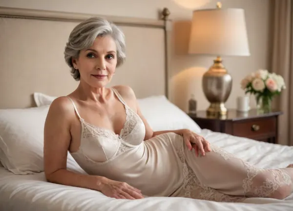 full length body Portrait of an elegant older woman 65 years old with short, styled gray hair, (lying on a luxurious bed:1.3), normal slightly saggy tits, Wearing a white satin bra and slip set with lace trim, Bedroom setting with a bedside table, lamp, flowers and a cup of tea. Realistic rendering, soft focus, muted color palette of whites, creams, and soft browns. The composition is a medium shot, slightly low angle. Soft diffused lighting. Satin textures, delicate lace patterns, crisp linen sheets. Calm and sophisticated atmosphere, intimate mood.