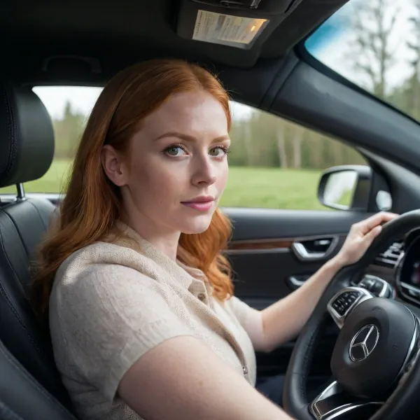 32 year old ginger driving a 2025 Mercedes Benz car, facing the road, hands on the steering wheel, view from passengers side.