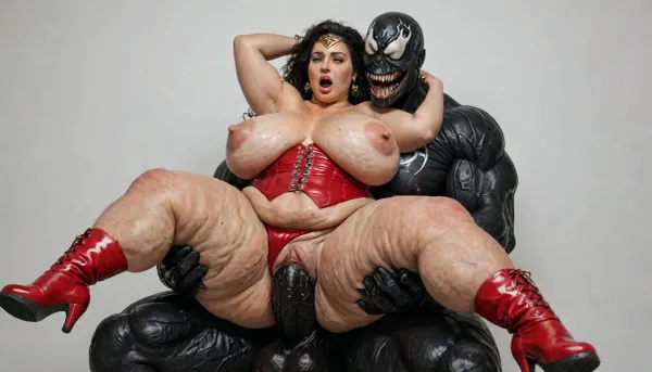 tall, extreme hyper fat, obese, (fat like a hippo), fattened, (cellulite:1.4), ssbbw wonder woman from dc comics, 45 years old, black hair, gorgeus voluptuos, heavy overweight, wobbly, chubby body oiled sweaty, tanned line, stretch marks rounded breast with huge pink erected nipples, rounded big fat ass, shaved cunt, waist, thick thigs, gorgeus fat double chin face with freckles, full lips, expresin, wearing her classic costume, tiara, red opened corset, (show big fat rolls belly), panties with stars-pulling down, red boots, tits and cunt exposed, groped by muscular venom monster from marvel comics, (same size like extreme fat ssbbw wonder woman !!), muscular venom monster gropes wonder woman in different position, heart bubbles, pulling head back, arms chained above the head, open wide mouth, she has captured and put on matress, rough sex, wonder woman groped and fingered by venom, monster, creampie, <lora:detailed_notrigger:2>, <lora:add-detail-xl:.8>, <lora:LCMTurboMix_Euler_A_fix:.8>, <lora:677862_training_data:.8>, woman much more fat-ssbbw !!!
close up
venom grabs and squeezes her fat sagging belly