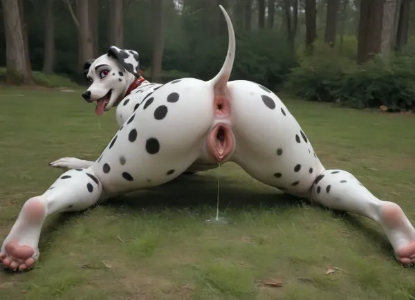 grass park scene, full body, ass up aggressively, huge tits, huge doggy pussy, ((((perfect solo dog)))), perfect Sexy dog Dalmatian female, very big ass, ((seductive sexy dog body)), perfect dog with huge ass cheeks, tight butthole, detailed fur, tail, pink eyes, tongue out, drooling, a lot of sperm flows out from pussy, spread legs, gaping pussy focus, excessive wet pussy, massive boobs, perfect black anus, dogs pussy, (black dalmatian genitals), (((perfect Dalmatian))), (((charming look of the dog))), On all fours, (((rear view))), (((((((perfect detailing))))))), <lora:outline_xl_kohaku_delta_spv5x:.5>