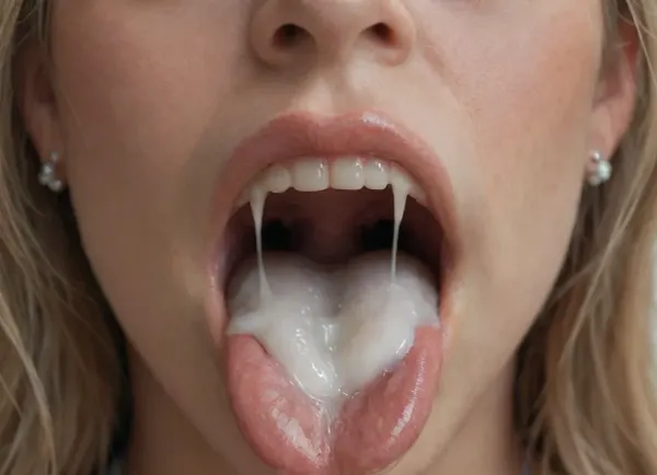 High-resolution digital photograph providing a detailed medical view inside an open human mouth. Close up of the mouth, (mouth taking most of the frame of the image space:1.4), . The image should show the teeth, gums, tongue, uvula, and throat in realistic clinical detail with natural lighting., (Extreme close-up focus on the oral cavity:1.4), mouth full of cum, mouth overflowing with excessive cum