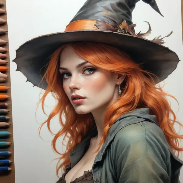 woman, Fashion sketch, fashion concept art of a, ((high-quality drawing with colored pencils)), natural busty Halloween witch with a nontraditional witch hat and orange hair, full portrait, pinup style, intricate details, (((high quality sketch details Jean Baptiste Monge))), Carne Griffiths, Michael Garmash