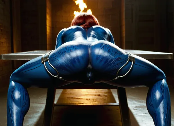 science lab, (Intricate detail Mystique from the x-men), short straight hair, hair oiled, legs spread, bent over table, rear view, (blue skin, spreading ass, realistic vagina, realistic anus:1.2), (arms spread, wrists shackled to metal table, ankles shackled to metal table), sad, detailxl, Endless_Up_SDXL_Neg, (X-Men), (ultra, HD, quality, details), Mystique, X-Men, <lora:Mystique X-Men:1.5>, ral-sprnva, <lora:ral-sprnva-sdxl:.8>