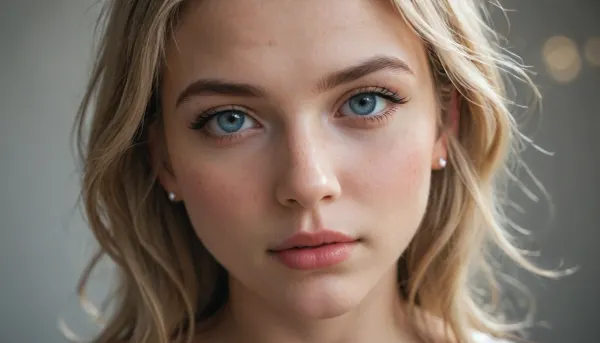 Photographic portrait in a realistic style. Adult woman aged 25–30, blonde. Medium-length silky hair with a light, voluminous styling. Slavic appearance with balanced features, neat nose, blue eyes, fair skin with subtle freckles. Lips of medium fullness with a barely noticeable glossy sheen. Expression is gentle yet confident, direct gaze into the camera. Framing, head and face only, (tight close-up), neutral background with soft bokeh. Lighting is soft and sculpting, emphasizing hair and skin texture. High detail, 8K resolution.

Shooting parameters, full-frame camera, 85mm lens, f/2 aperture, ISO 100, softbox + reflector.

Negative prompt overt sexualization, deep cleavage, heavy Instagram-style filters, excessive plastic retouching, unnatural skin texture, caricature, anime, low resolution.
