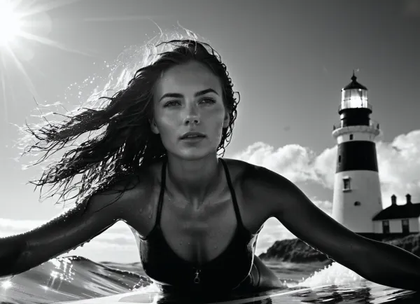 (monochrome:1.2), authentic photograph, (young beautiful woman on a surfboard:1.3), close-up of face, wet hair, drops on skin, (looking up at sky:1.1), (against backdrop of large lighthouse:1.1), (dynamic composition:1.1), (bright sunlight:1.2), dramatic shadows, bokeh reflection on water, (large depth of field:1), (white fluffy clouds in the background:1), ocean surface, cinematic frame, (award-winning photo:1.1), sharp focus, high resolution, 8k, ultra-detail, complex textures, shot on Canon EOS R5, f/2.8, ISO 100, professional lighting