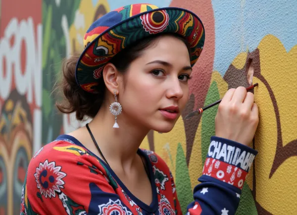 (beautiful Mexican artist with colorful appearance), painting a mural on the wall, (graffiti art:1.1), socialist realism style mural, (double exposure), (image inside the painting), Diego Rivera style, 8K resolution, realistic Diego Rivera style image, clear details of the painted image