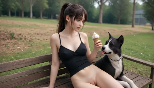 Everything is visible We can both be seen in the frame against the background of the amusement park, am Rex, watching for wanted AI woman., I am an electronic dog named Rex, (.
I serve in the K-9 unit.
I was tasked with finding an escaped AI copy. which created the illegal cybernetic body of a woman who used cloning and nano technology in electronics.
external signs, Asian type aged from 18, ponytail hairstyle with bangs., medium height, long beautiful legs, slightly larger blue eyes, mini breasts with erect nipples with purple halos and pierced nipples with platinum rings, very tight pink pussy also with piercing in the form of platinum rings. make-up with long eyelashes is blue, lush lips are red with a glossy color with a pink outline smoothly turning into red, green eye shadow.
I, Rex, am nearby, observing the object. Completely nakedShe sits on a bench with her legs spread and sucks ice cream), Black, Pitbull, Dog, <lora:Black_Pitbull_Dog:.8>