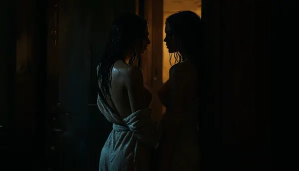 (two girls:2), (Rear view:1.9), Apartment, bathroom, shower background, bathroom background, (horny girl), (horny face), black hair, long hair, wet hair, blue eyes, Thick eyebrows, Ruined makeup, Crying, red lips, Thick lips, (Voluptuous body type), wet body, Water on body, (extrime huge tits), Freckles, Moles, Venous pattern on tits, very hairy pussy, Black nails, (standing leaned on the door:1.5), (wear Bathrobe:1), score_9, score_8_up, score_7_up, (<lora:add-detail-xl:.75>:1), (<lora:detailed_notrigger:.75>:1), (<lora:MJ52:.75>:1), (<lora:dark:.35>:.1), (<lora:outline_xl_kohaku_delta_spv5x:1.9>:1)