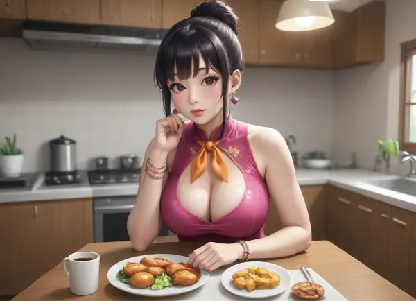 Sexy athletic bimbo chichi sitting at kitchen table with large cleavage showing.

Chichi1024, chi-chi, black, hair, bun, bangs, sidelocks, eyes, chinese, clothes, purple, dress, earrings, red, bracelets, orange, neckerchief, JPkitchen, kitchen, <lora:Chichi1024:.5>, <lora:Chi_Chi_Diffusion_SD_XL-05:1>, <lora:Shokugeki_food:.3>, <lora:JAPAN_Kitchen_SDXL_V1:.3>