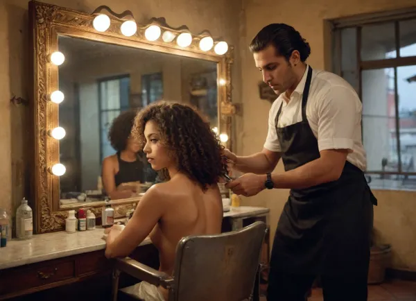 (masterpiece), (best quality), photorealistic, natural lighting, (high detail), (realistic skin texture), (cinematic lighting), (sharp focus), Brazil, warm and cozy atmosphere of a small hair salon, (soft lighting around the edges of objects:1.1), (complex details on the mirror frame:1.1), (cosmetics and bottles on the surface of the dressing table), old decorated mirror with Hollywood-style light bulbs, a Latin American macho hairdresser with slicked-back dark hair, dressed in a white shirt and black apron, concentrating on styling the hair of a beautiful slender woman with, (curly chestnut hair:1.3), sitting topless in a vintage metal barber chair, with her back to the camera, a window in the background, warm color palette