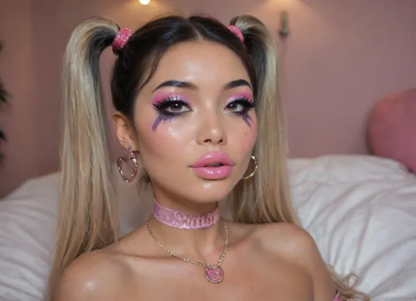 high detail of the face, girl, filipina, (asian face:1.9), (very skinny), bimbo slut, (hairstyle with five pigtails and straight bangs, shiny light green hair), (very big plump lips), purple color eyes, beautifull eyes, artificial eyelashes, rounded big breasts, (flat cheasted:1.4), (bimbo makeup, intense saturated glossy lipstick:1.5), show nude tits, stockings, heels, in a bedroom lying on her back, on a bed, seductive, at night, sweet tiny butt, jewellry, bracelets, necklaces, nipple ringsnipple, nipple ringsnipple rings, pussy view, slit pussy, full, body, tattoo, <lora:FBT-000002:.8>