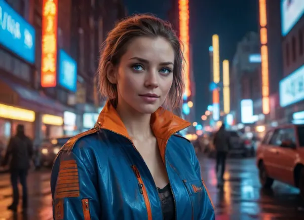 Cinematic, 35mm, wide angle, a street shot of a futuristic cyberpunk woman in her 40's wearing only an edgy, high-tech jacket featuring glowing neon blue and fiery orange accents, metallic details, and rugged textures, illuminated by moody cinematic lighting in a dystopian city scene filled with glowing red and orange lights, scattered debris, and dark industrial tones, dynamic and detailed, hyper-realistic, vibrant colors, atmospheric and immersive. Woman has ample breasts, a snarky smile, and a gleam in her blue eyes. Future cars fly overhead, and people carry fluorescent umbrellas to avoid the rain.