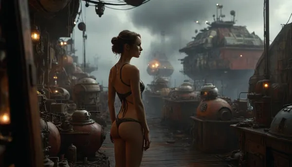 Star Wars Style, Brothel with alien prostitutes, shipyard, many droids Background, many droids, intricate detail, highly detailed, breathtaking, panoramic, cinematic, (3D, Framed, Woman), Macabre, FRESHIDEAS, Real, Photography, 2#, cloudy, smoke, atmospheric, clouds, fog, <lora:MJ52:1.4>, <lora:FRESHIDEAS Real Photography 2#:.6>, <lora:Cloudy_Style:.8>, <lora:Hegre-Nude_woman-000001:.8>