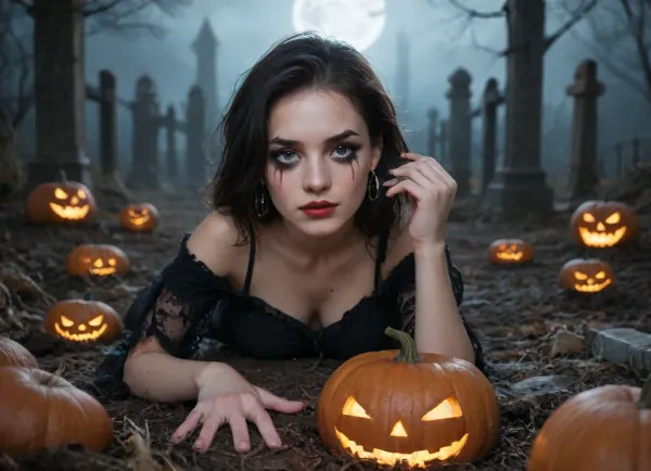 night photograpy, horror movie, uhd, gorgeous woman wearing cobwebs reclines on a tomb in a graveyard, torn cobweb gown, moonight and shadows, jack-o-lanterns, long black hair, gothic makeup, perfect face, perfect eyes, perfect hands, spiderweb, cobweb, <lora:spiderweb:.8>