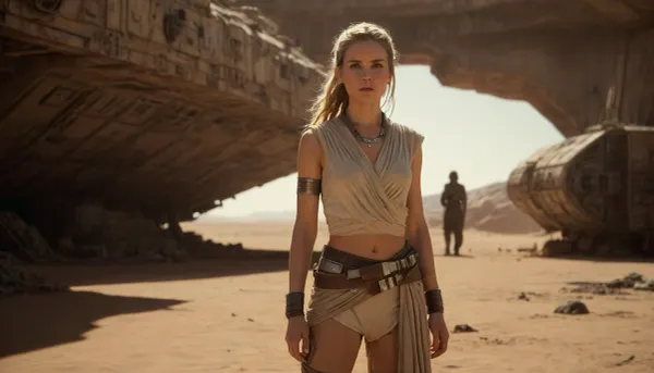 Star Wars Style, heroic full body portrait of a female dignified solo Jedi Warrior, standing in huge spaceport on desert planet, highly detailed Jedi costume, slender, slim waist, long blonde matted dreadlocks, flat breasted, sweating skin, dirt, perfect tanned skin, lucky charm necklace, lightsaber, belt, highly detailed face, desert, floating warm sunlight, Background, (millennium falcon), R2-D2, shipyard, many droids