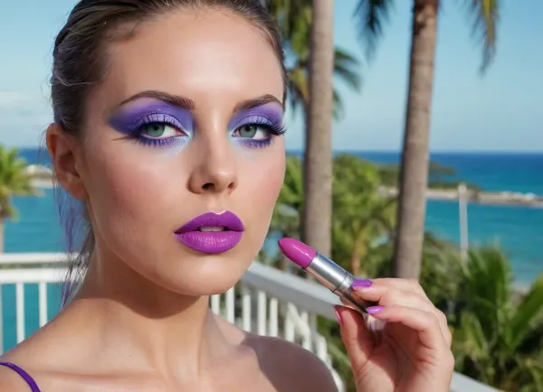 bimbo woman, high detail of the face, individual standing outdoors on a balcony overlooking a tropical beach and ocean. The person is wearing a blue, two-piece swimsuit consisting of a triangular top and matching bottoms with medium coverage., (big lipstik purple:1.3), Their hair is styled in a neat braid, and they are gazing directly ahead with a relaxed posture., ((makeup:1.3), long blue eyelashes, green eye shadow, glossy pearl lipstick), The background includes clear skies, a distant ocean horizon, palm trees, and elements of a modern building. The scene exudes a sunny, vacation-like atmosphere., artoflips, uoclips, lips, lipstick, art, of, CUM, DONATION, ASSISTANCE, FELLATIO, TITS, SEX, HANDJOB, FOOTJOB, AFTER, VAGINAL, makeup, eyeliner, eyelashes, <lora:Art_Of_Lips_PONY_XL_By_UOC:.9>, <lora:CUM DONATION ASSISTANCE:2>, <lora:Modern_MakeUp_XL_v0_1:1.7>