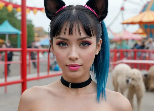 Everything is visible We can both be seen in the frame against the background of the amusement park, am Rex, watching for wanted AI woman., (I am an electronic dog named Rex:1.3), .
I serve in the K-9 unit.
I was tasked with finding an escaped AI copy. which created the illegal cybernetic body of a woman who used cloning and nano technology in electronics.
external signs, Asian type aged from 35, ponytail hairstyle with bangs., medium height, long beautiful legs, slightly larger blue eyes, mini breasts with erect nipples with purple halos and pierced nipples with platinum rings, very tight pink pussy also with piercing in the form of platinum rings. make-up with long eyelashes is blue, lush lips are red with a glossy color with a pink outline smoothly turning into red, green eye shadow.
I, Rex, am nearby, observing the object. Completely naked