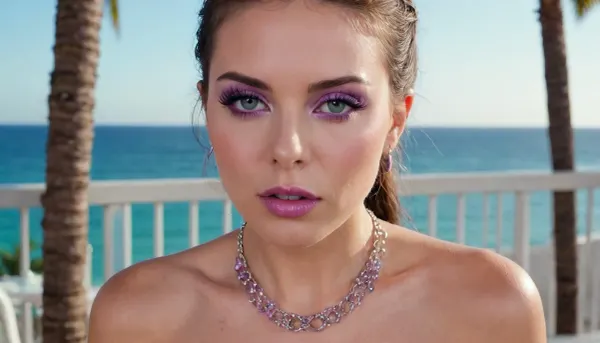 bimbo woman, high detail of the face, individual standing outdoors on a balcony overlooking a tropical beach and ocean., (piercing:1.3), (bimbo woman is dressed in a transparent two-piece peignoir of medium length through which are visible, (purple nipples with piercing in the form of platinum rings connected by a chain)), ., (big lipstik purple:1.3), hair is styled in a neat braid, and they are gazing directly ahead with a relaxed posture., ((makeup:1.3), long blue eyelashes, green eye shadow, glossy pearl lipstick), The background includes clear skies, a distant ocean horizon, palm trees, and elements of a modern building. The scene exudes a sunny, vacation-like atmosphere., artoflips, uoclips, lips, lipstick, art, of, CUM, DONATION, ASSISTANCE, FELLATIO, TITS, SEX, HANDJOB, FOOTJOB, AFTER, VAGINAL, makeup, eyeliner, eyelashes, <lora:Art_Of_Lips_PONY_XL_By_UOC:.9>, <lora:CUM DONATION ASSISTANCE:2>, <lora:Modern_MakeUp_XL_v0_1:1.7>