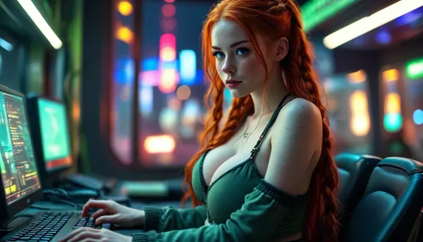 a beautiful hacker girl, very long braided red hair, freckles, big breasts, a green corduroy top, she is sitting in a futuristic sci-fi cyber cafe, in front of a window with a view from high over the cyberpubk-city, working behind her laptop, neon light, at night, quiet atmosphere and cozy, <lora:milkers_v2:1.2>, <lora:MJ52:.8>, <lora:BUT_SDXL_SHS:.8>