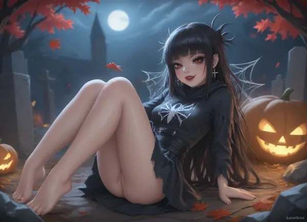 Mamoru Oshii style anime, gorgeous anime girl with big red eyes reclines in a graveyard with her pussy on display, knees together, extremely skinny, extremely long legs, face like Toga Himiko, evil grin, manic expression, red lips, black hair, gothic makeup, torn gown, moonlight, jack-o-lanterns, spider webs, autumn leaves, <lora:275493_training_data:.8>, t0g4vx, <lora:togavx01-10:.8>, <lora:intenseMODE_md:.8>