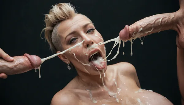 (milf:1.2), short blonde hair, mohawk style, voluptuous, very busty white woman, naked, massive breasts, happy, amused, looking at a massive cock of a black male with a gigantic thick 25 inch penis, big testicles, huge erection, masturbating, (ejaculation:1.4), (gaping mouth:1.2), tongue sticking out, (realistic excessive thick runny cum all over her face and body), mouthfull of cum, cum dripping out of her open mouth, nose full of cum, mouth full of cum, lots of very thick cum, loads of cum, woman, on, face, excessive bukkake, cum, facialized, superfacialized, cum dripping from mouth, black room, black background, black background.