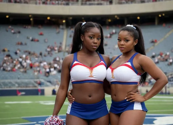 woman, (((very dark black skin))), 2 beautiful chubby black women, 2 friends, amazing stunningly beautiful, most beautiful women ever, nsfw, high resolution, identical skimpy cheerleader outfits, exposed breasts, very short skirts, lifted up, visable pussies, high pigtails, shirtlift, in a stadium