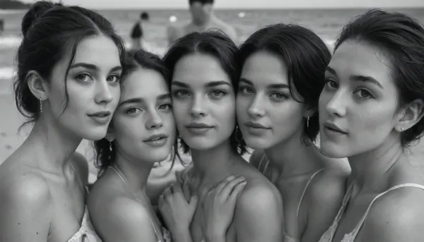 monochrome, young woman enjoys passionate group sex with several older men on the beach, a hidden place in the dunes on the North Sea coast, various perspectives, entire group in frame