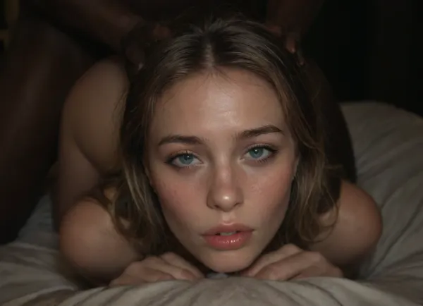intimate photo, homemade, nocturnal scene, (night time:1.4), shy 18 yo girl, blonde, youthful face, third Asian, third African, third European, mixed race, anal, fucked for hours, fucked in all holes, messed up makeup, slim body, slapped buttocks, slapped on face, bbc, interracial, beautiful innocent big eyes, insanely adorable, cute, gorgeous, light freckles, (her face and expression showing a mix of submission and ecstasy and exhaustion), slight eye roll, big round athletic ass, half open eyes, luscious sensual lips, natural beauty, eternal beauty, ageless beauty, prone bone, moaning, sweaty, drooling, biting the bed sheet, creampie, waist, hourglass figure, dick in her ass, fucked in the ass, (holding head with hand), 3/4 view, full body view, full body shot, front view, ((close view of face)), moonlit, ultra detailed, masterpiece, hyper realistic and detailed faces and emotions, <lora:Facials:.5>, <lora:dark:.5>
