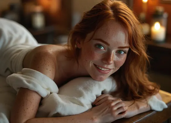 beautiful sexy very slender 33 year old woman, ((very long ginger hair)), (freckles:1.5), thick silky hair and bangs, (large realistic detailed green eyes:1.3), ((flat chested)), very pale, light tanlines, straight nose, big smile, ((perfect big square teeth)), ((perfect hands)), (((perfect fingers))), BREAK, (lying on a massage table at an elegant spa), (wearing a white robe), Sharp focus, luisap, (wide shot:1.5), view from side, (detailxl:1.3), <lora:MJ52:2>, <lora:BUT_SDXL_SHS:.3>, <lora:LPFRECKLES_lora:.8>