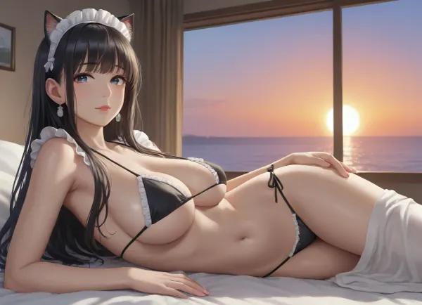 gorgeous woman with super huge tits, gigantic tits, 22 years old, mature, perfect body, super slim body, thin body, straight bangs, long hair, black hair, straight hair, cat ears, black bikini, maid bikini, frill bikini, sunset, beautiful lighting, best quality, 8k resolution, perfect reflections, lying on towel, view from below
