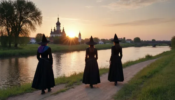 Photo of the best quality, super detail, high resolution, full-length, a young witch in black clothes and a black pointed hat walks along the river bank, behind her at a distance of 3 meters are two women with guns in their hands aimed at the witch, on their heads they have beautiful colorful scarves, they are in national folk costumes, hot summer, the sun is moving towards the sunset, in the distance you can see an Orthodox church, 1950s, <lora:202646_training_data:.8>