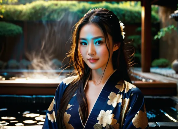 (masterpiece), (highest quality), (extreme detail), photorealistic, 1 girl in a photo shoot, young woman, Asian, heroine, (exquisite appearance), (perfect body proportions), stunningly beautiful facial features, long dark brown hair, loose hair, wet hair, radiant skin, sweat, (kimono:.8), dark blue with gold floral pattern, (studio lighting:1.1), (soft light), high sharpness, richness of textures, clear pattern, (natural makeup:1.1), glossy lips, gentle smile, reclines beside spa, ancient Japanese spa, steam, steaming water, water in foreground, outside, formal garden in background