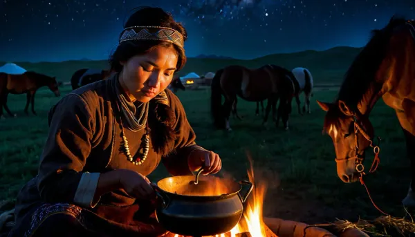 realistic, detailed, (depth of field:1), (young Kyrgyz nomad woman), with perfectly detailed face, wearing Kyrgyz nomad headdress, (cooking over fire, stir in pot:1), (perfect hands), (steppe), (Kyrgyz nomad, yurt-camp), (grazing horses, in somewhat far background:1.4), (dark night:1), somewhat starry sky, (natural light), (perfect shadows), (masterpiece:1), (denoise:.1), <lora:dark:.5>, <lora:add-detail-xl:.9>
