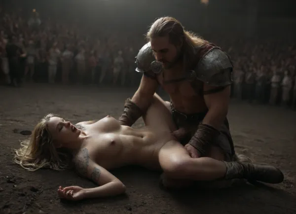 extremely realistic, ((Wide angle shot, 35mm lens)), UHD 8K, extreme realism, maximum detail, ((in gladiator arena)), ((defeated blonde viking woman fucked by a muscular gladiator in armour)), missionary, eyes closed, (many spectators in the arena's bleacher:1.5), (she is wearing viking armor:1.3), (mouth open:1.3), ((show full body)), crowd watching, hard dick penetrating her from above, she cries and moans, show nipples, roman era, huge dick, dick, realistic eyes, intricately detailed eyes, intricately detailed face, 4k, photorealistic, orgasmface, unaestheticXL_cbp62, <lora:dark:.3>, <lora:CinematicStyle_v1:1.4>, <lora:orgasmface_SDXL:.5>, <lora:add-detail-xl:.6>